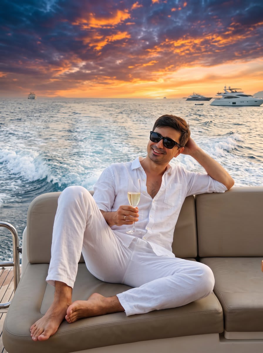 Ultra-Realistic Yacht Sunset Portrait – in a yacht deck, AI image made with Nano Banana Pro