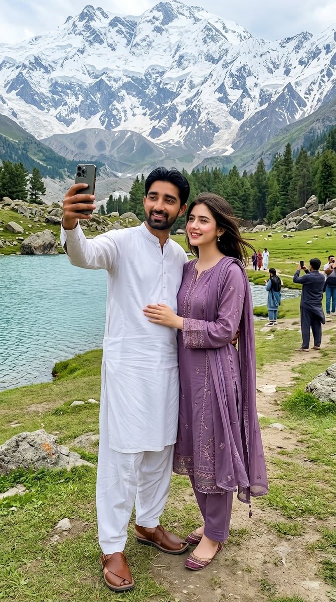 South Asian Couple Skardu Travel Photo – couple in the mountains, AI image made with Nano Banana Pro