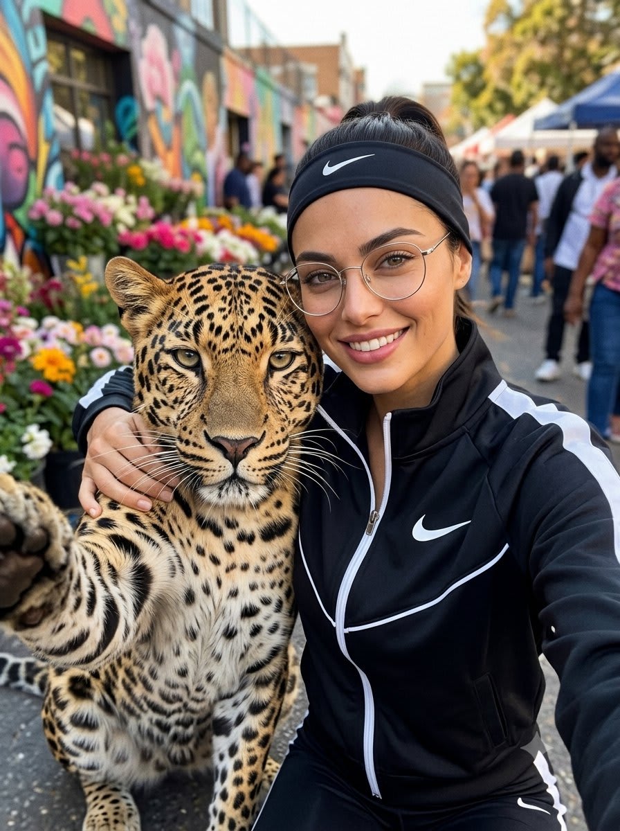 Leopard Selfie Street Market Portrait – woman in a jacket in a city street, AI image made with Nano Banana Pro