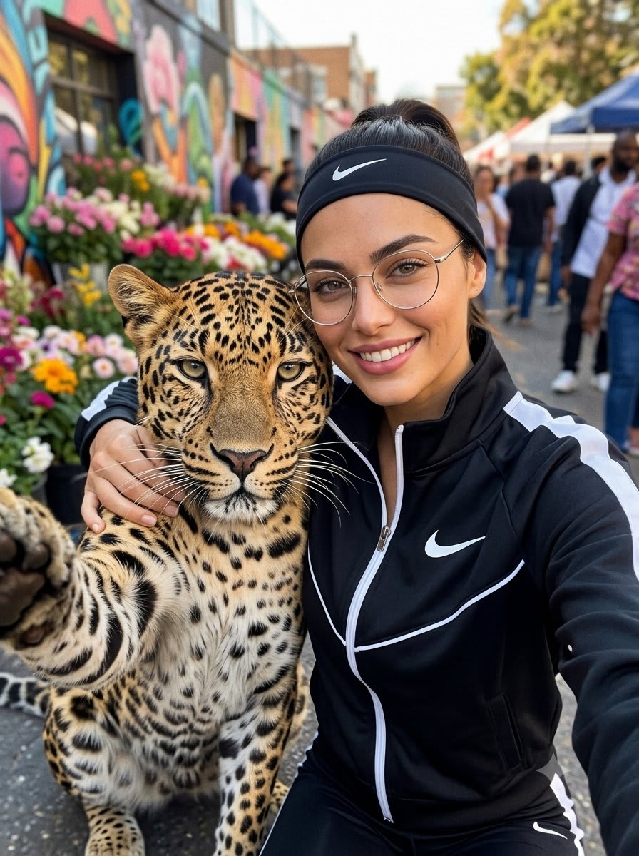 Leopard Selfie Streetwear Portrait – woman in a jacket in a city street, AI image made with Nano Banana Pro