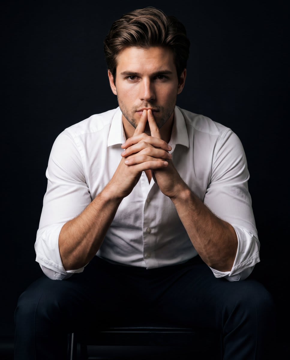 Intense Low-Key Studio Portrait – in a photo studio, AI image made with Nano Banana Pro