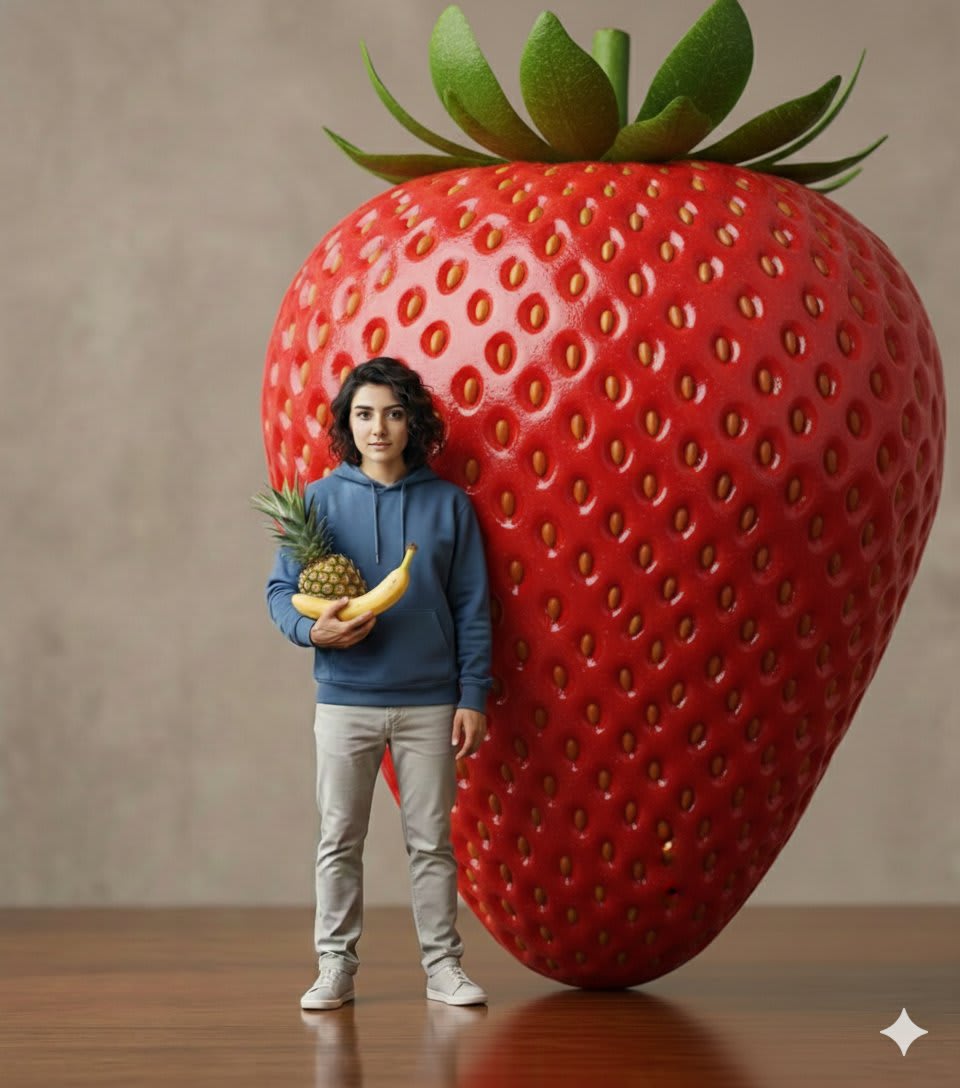 Hyper-realistic Giant Strawberry with Tiny Subject – in a photo studio, AI image made with Nano Banana Pro