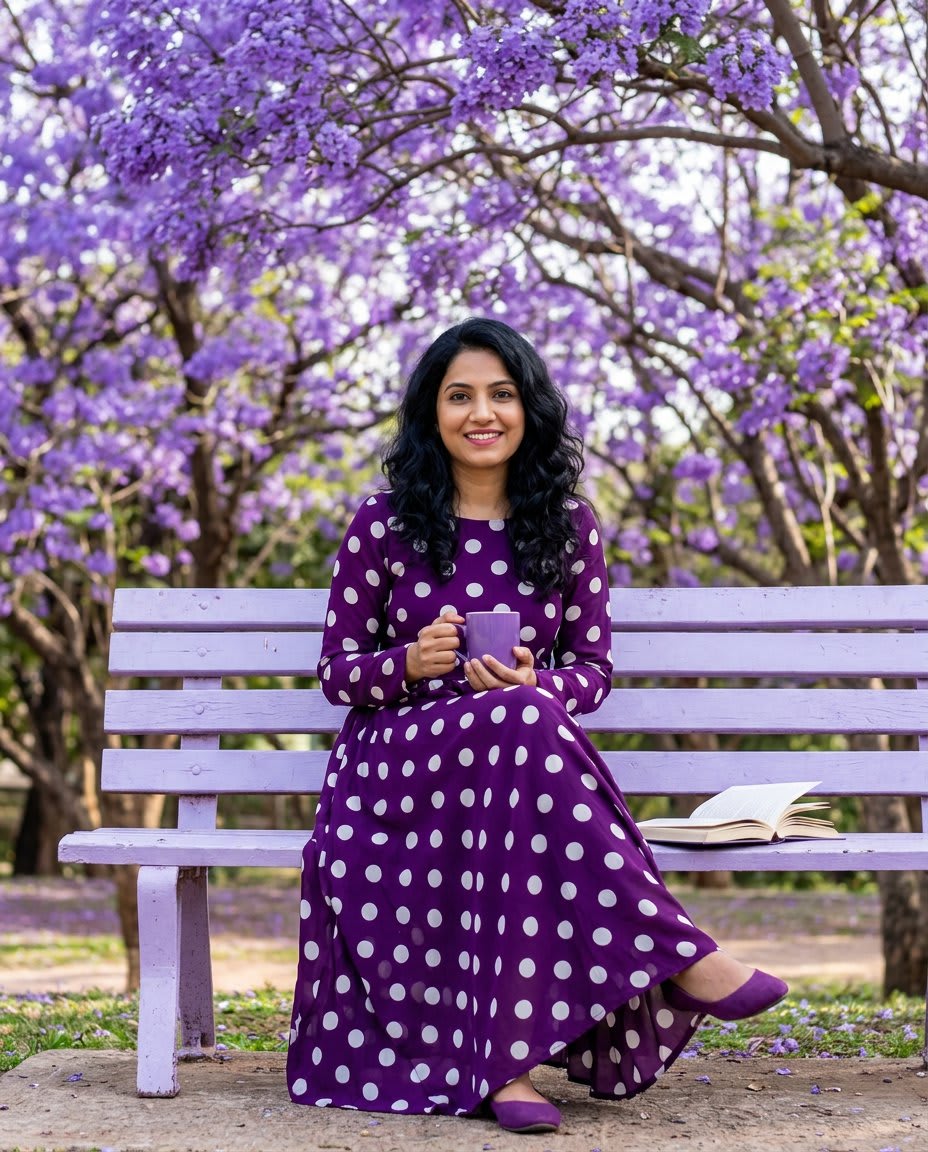 Jacaranda Garden Portrait with Reference – woman in a dress in a garden, AI image made with Nano Banana Pro
