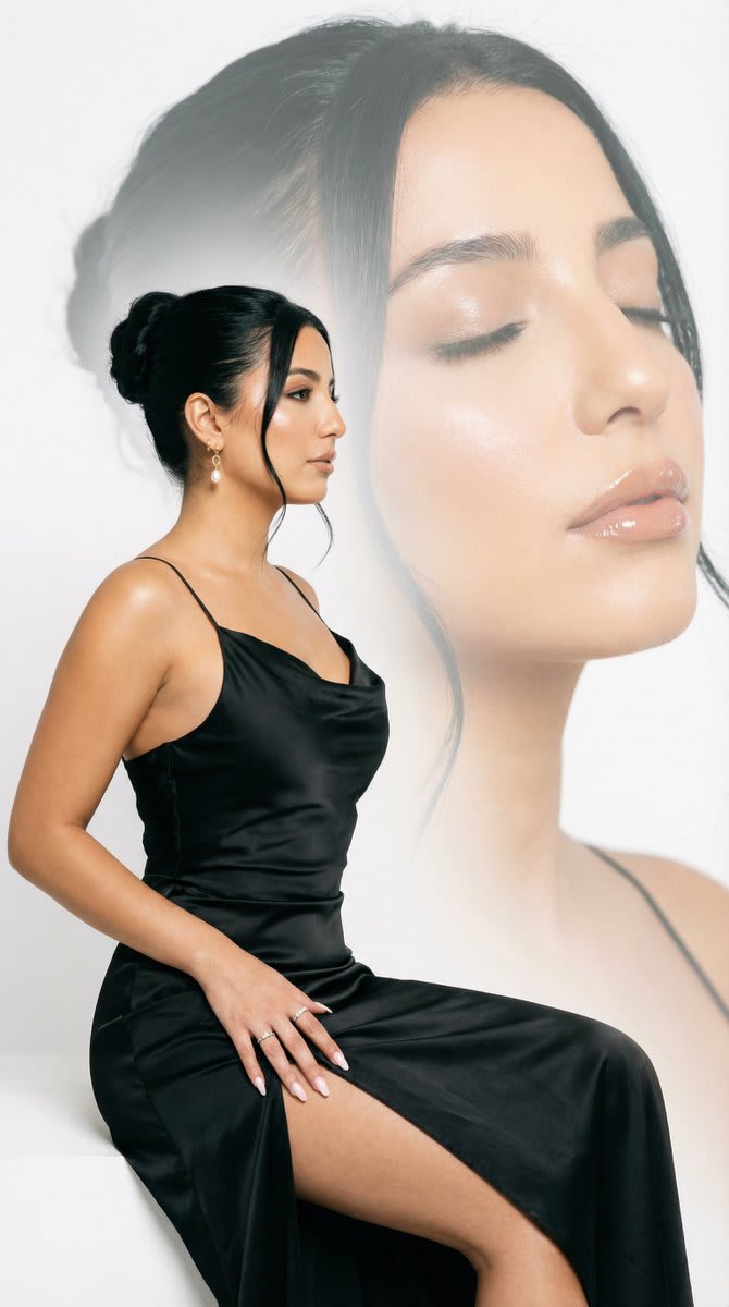 High-Fashion Double Exposure Editorial Portrait – woman in a slip dress in a photo studio, AI image made with Nano Banana Pro