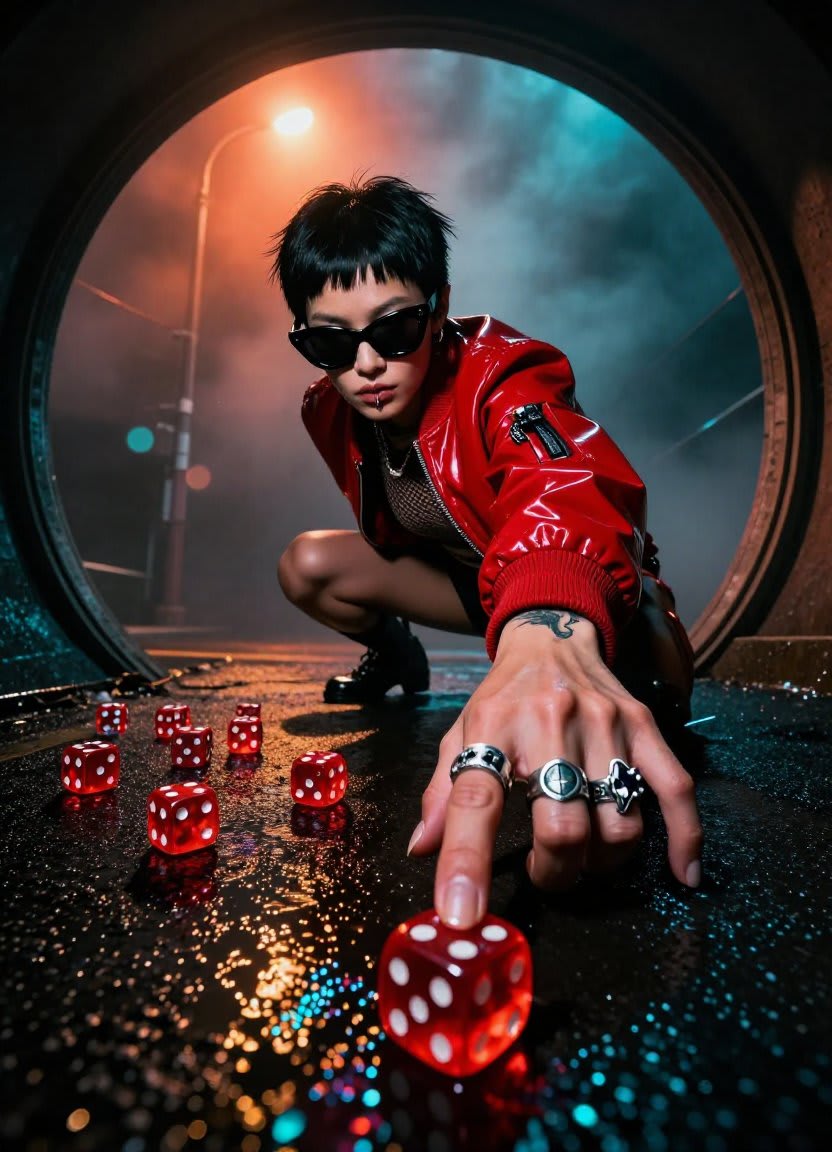 Enhanced Cinematic Noir Worm's-Eye View – woman in a jacket in a rainy street, AI image made with Nano Banana Pro
