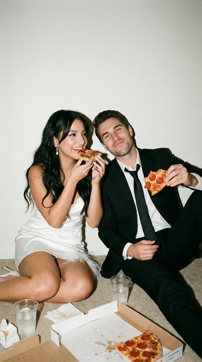 Candid Wedding Afterparty Pizza Flash Editorial Prompt for Nano Banana 2 – couple in a photo studio, AI image made with Nano