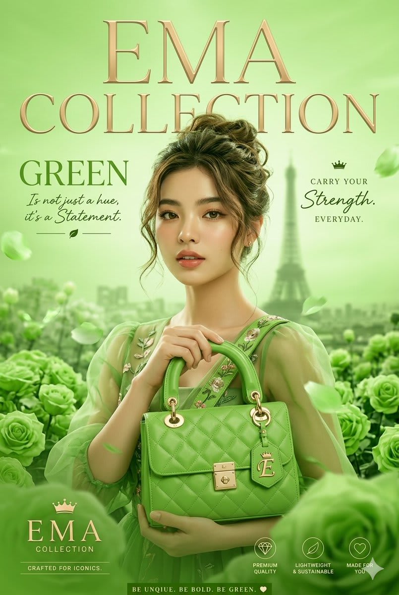 Green Fashion Advertisement Magazine Cover – woman, AI image made with Nano Banana Pro