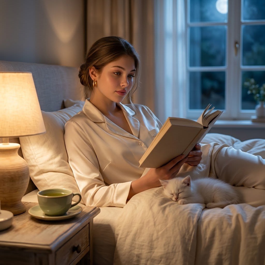 Cinematic Nighttime Lifestyle Portrait – woman in a bedroom, AI image made with Nano Banana Pro