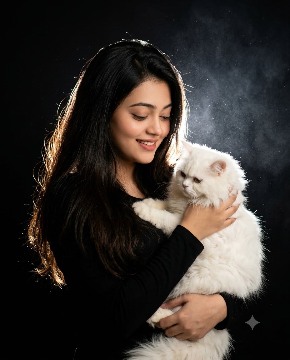 Cinematic Woman and Cat Portrait – woman in an open field, AI image made with Nano Banana Pro