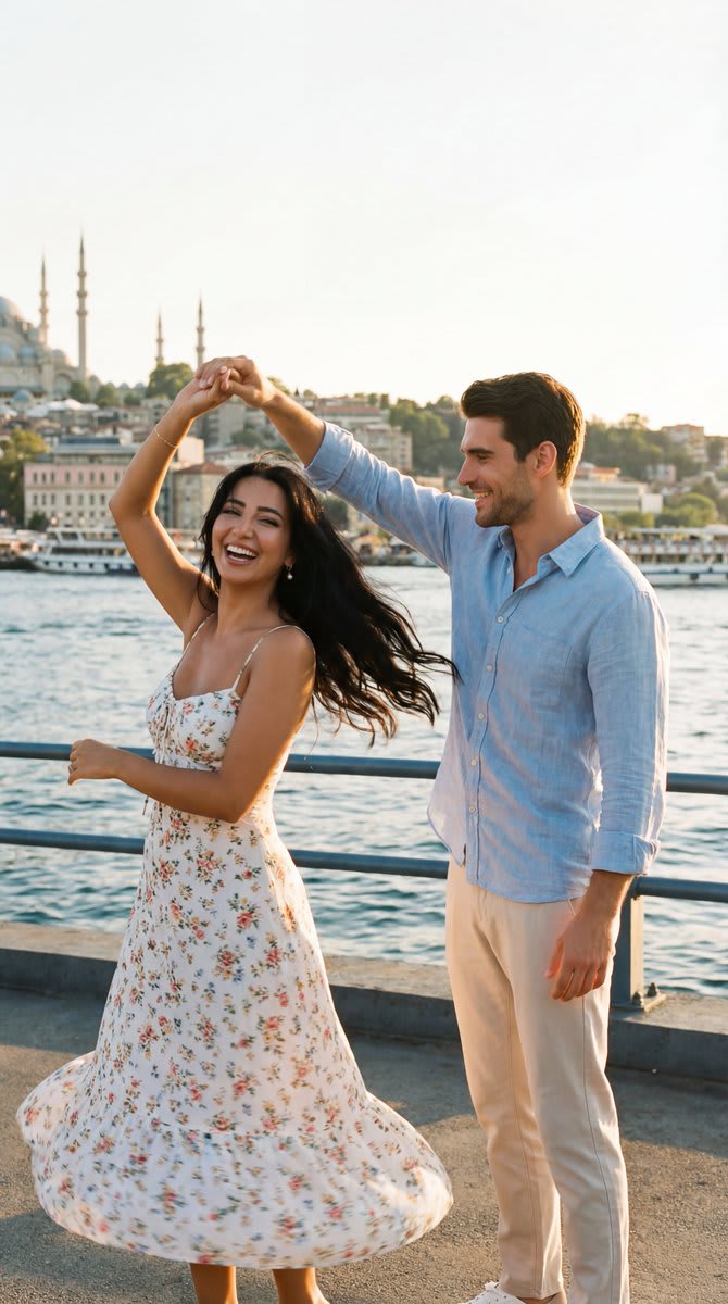 Cinematic Romance: Couple Dancing at Istanbul Sunset – couple in a city skyline, AI image made with Nano Banana Pro