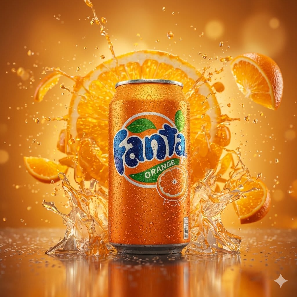 Hyper-realistic cinematic product shot of Fanta Orange can with exploding orange slices, AI image made with Nano Banana Pro