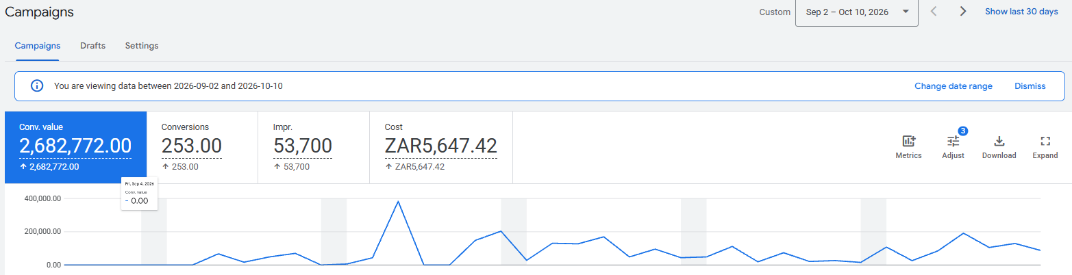 Google Ads dashboard showing 253 conversions and R5,647 spend