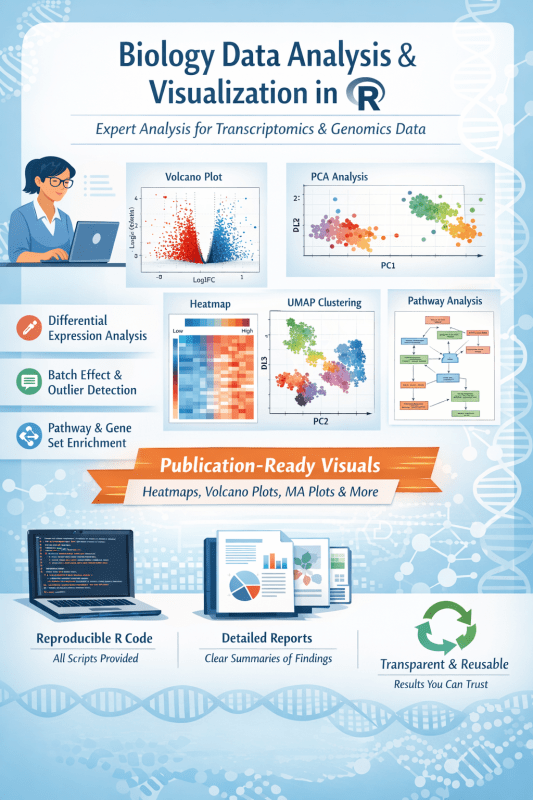 Biology data analysis and visualization in R from transcriptomics and genomics datasets - Research Decode Consultancy Cover Image