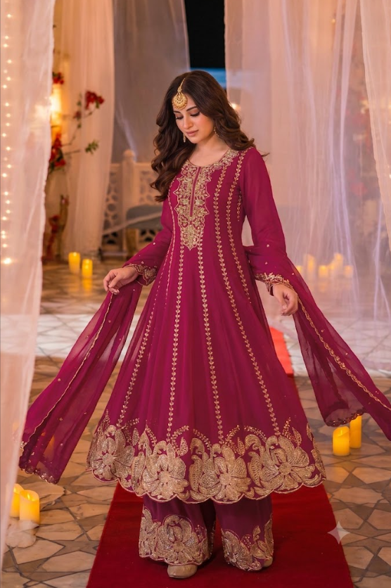 Embroidered Magenta Anarkali Sharara Suit