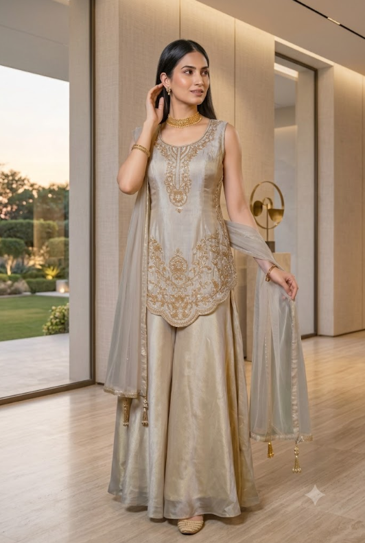 Champagne Gold Zardozi Sharara Set