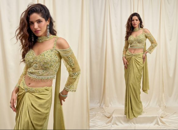 Olive Green Cold-Shoulder Draped Saree Set