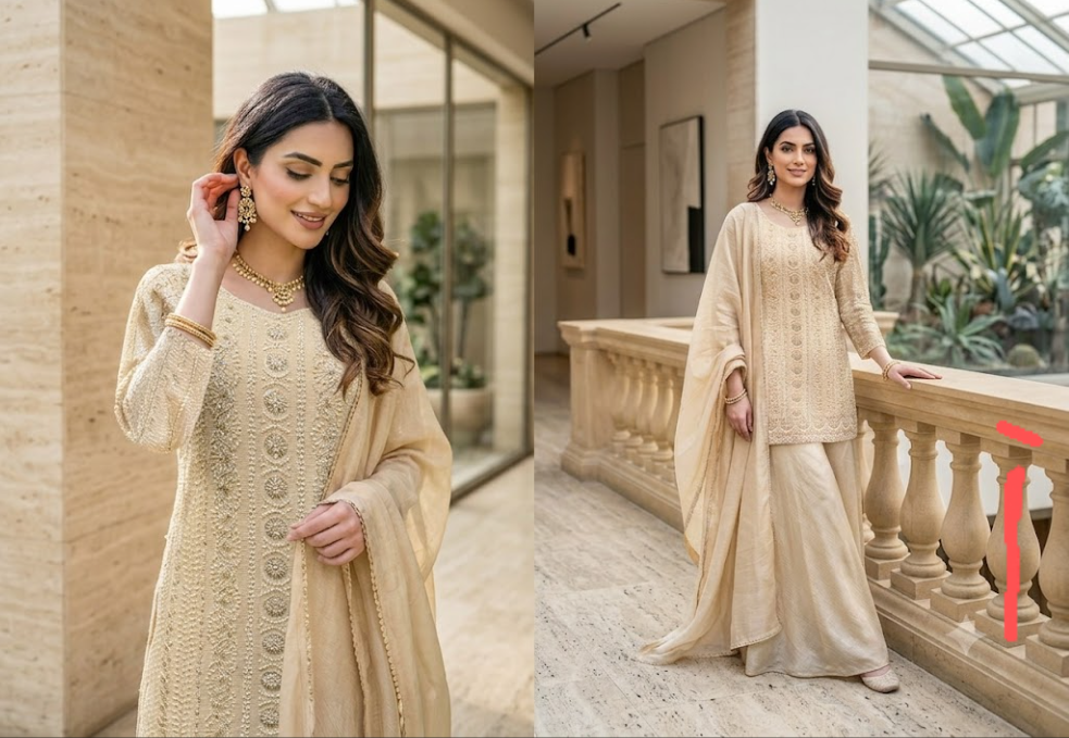 Gilded Ivory Zardozi Sharara Set