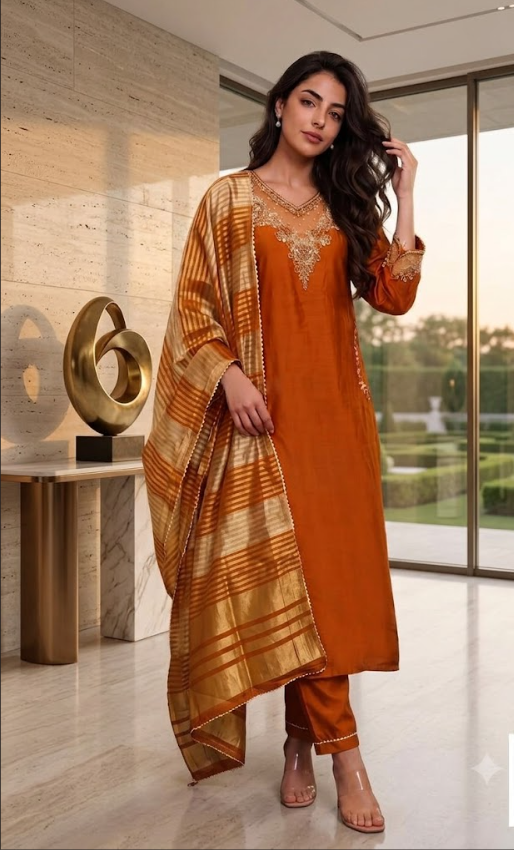 Rust Saffron Embroidered Kurta Set