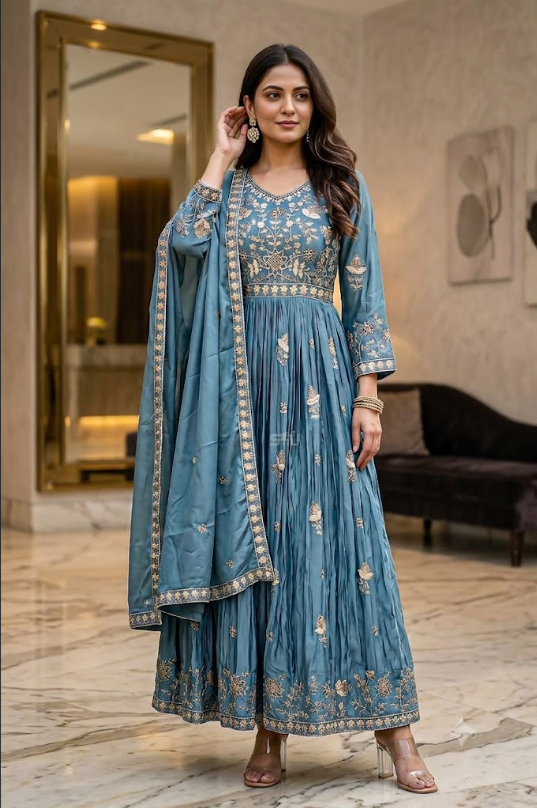 Embroidered Anarkali Gown Set with Dupatta (Katdana Edition)