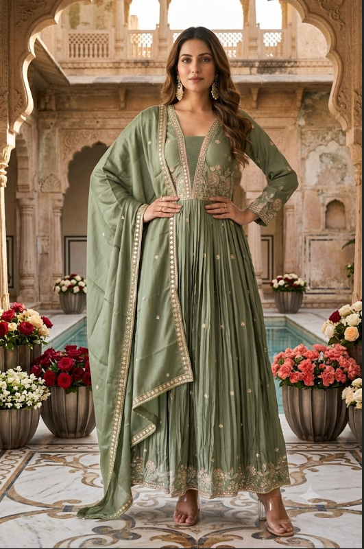 V-Neck Handwork Anarkali Gown Set with Dupatta