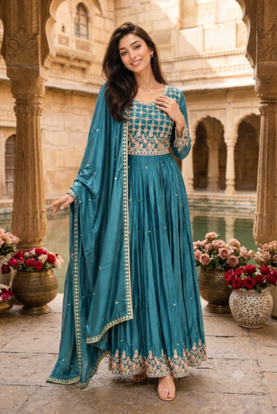 Lattice-Embroidered Anarkali Gown Set with Dupatta