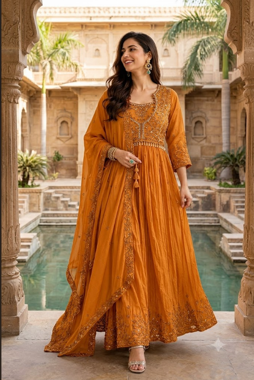 Pearl-Accented Bastiar Anarkali Gown Set with Dupatta