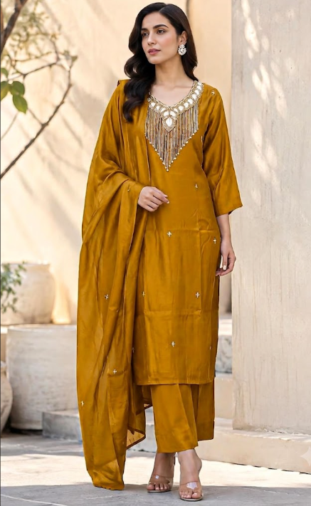 Mustard Silk Embellished Kurta Set