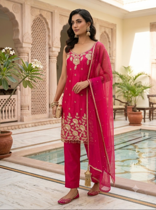 Magenta Embroidered Short Kurta Set