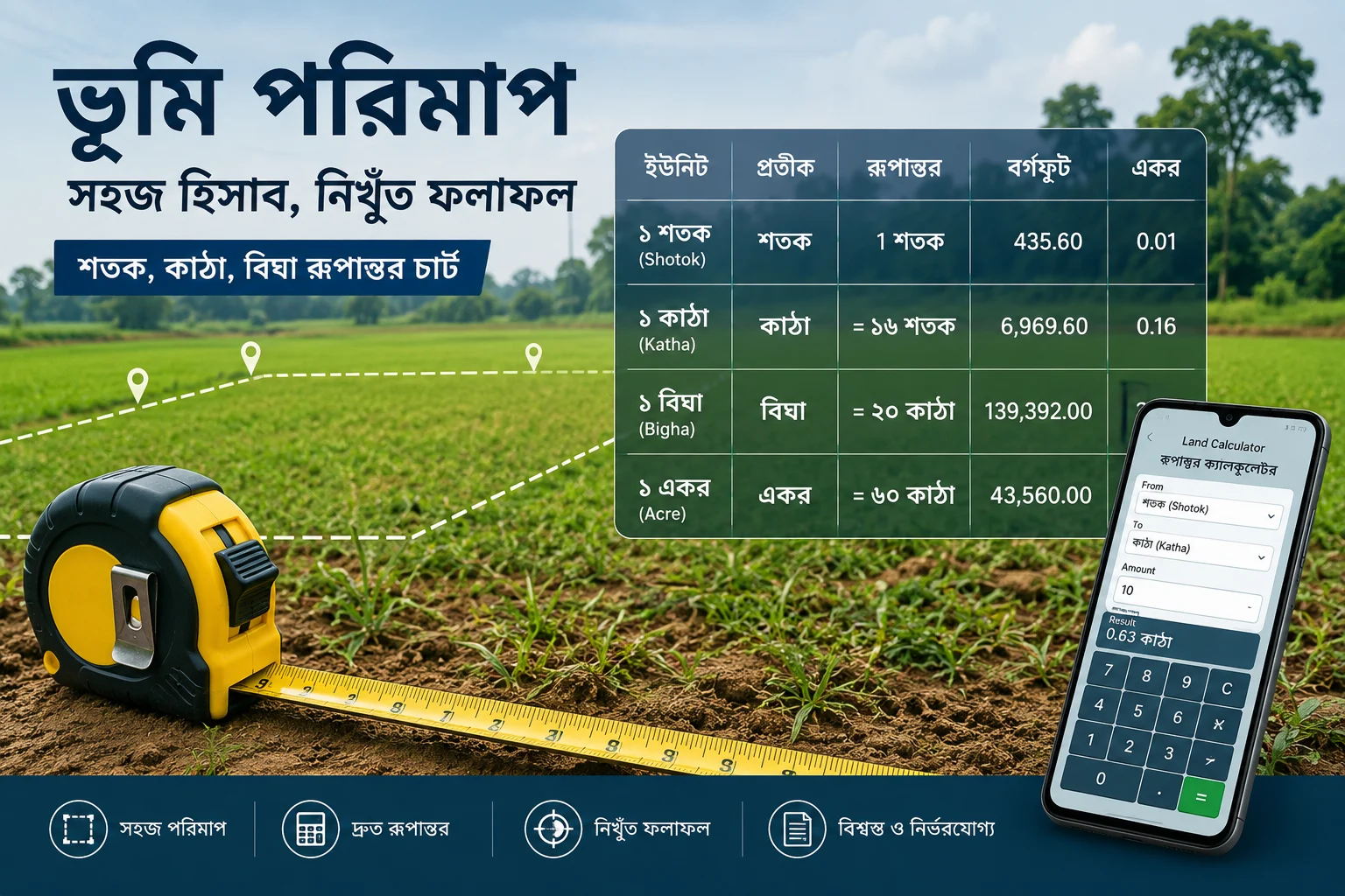 বাংলাদেশের জমির পরিমাপ চার্ট: শতক কাঠা বিঘা রূপান্তর
