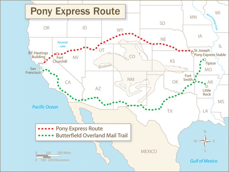 Pony Express Route Map Statue Advertisement etc. Postcard Horse Mail Service 