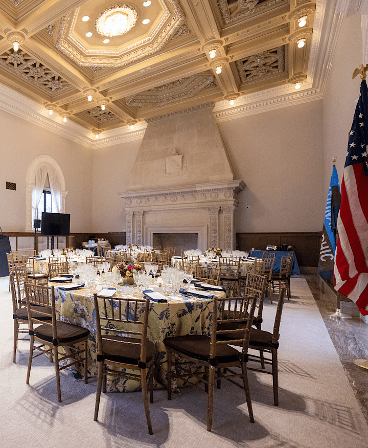 Hubbard Hall with dining tables and chairs.