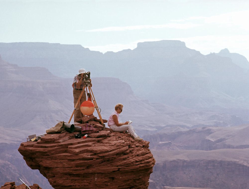Barbara and Bradford Washburn take thousands of measurements for a chart at the Grand Canyon.