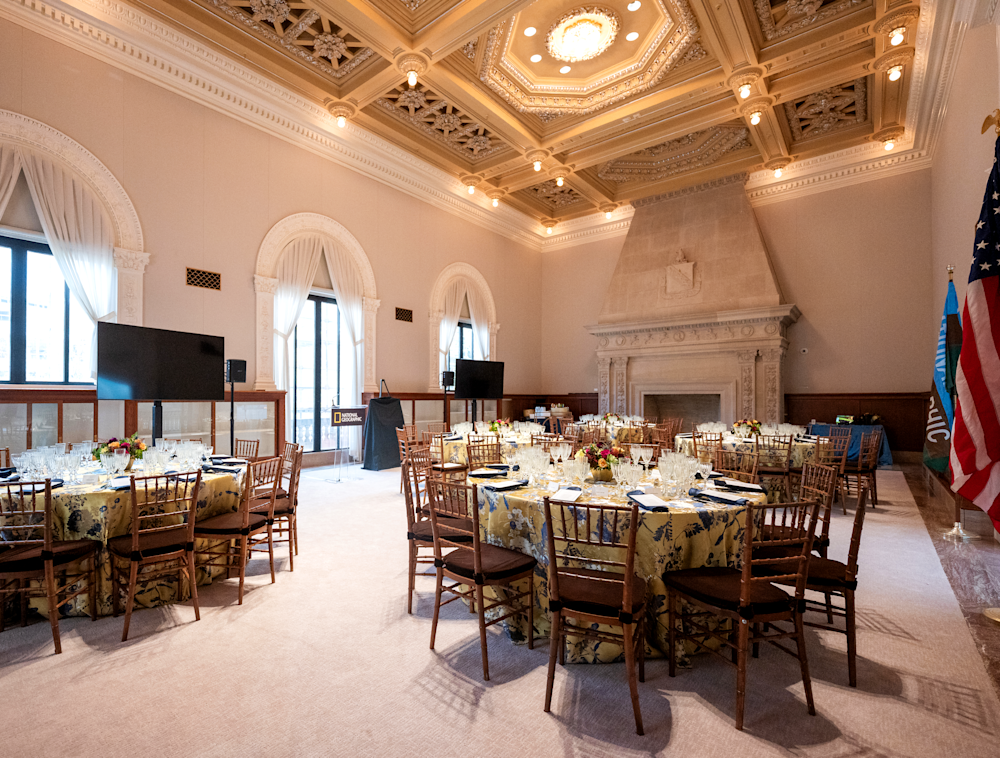 Hubbard Hall with dining tables and chairs.