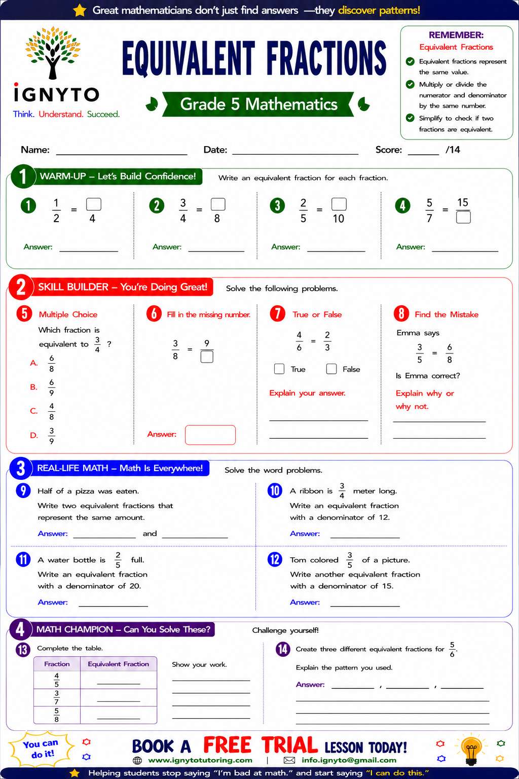 Equivalent Fractions | Free Math Worksheet | Ignyto Tutoring | Ignyto ...