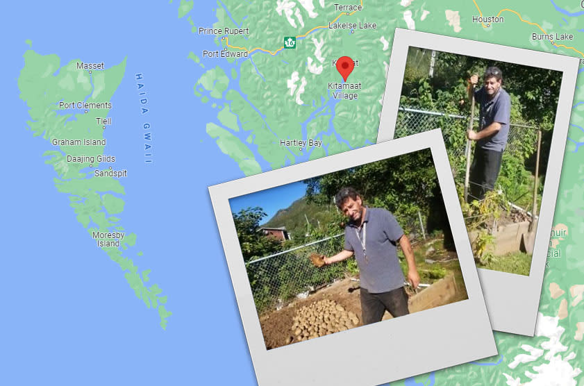 Cicilio Calado planting potatoes in Kitamaat Village