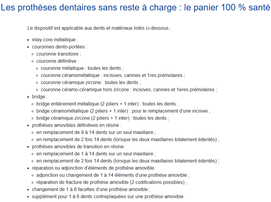 liste des prothèses dentaires sans reste à charge ameli