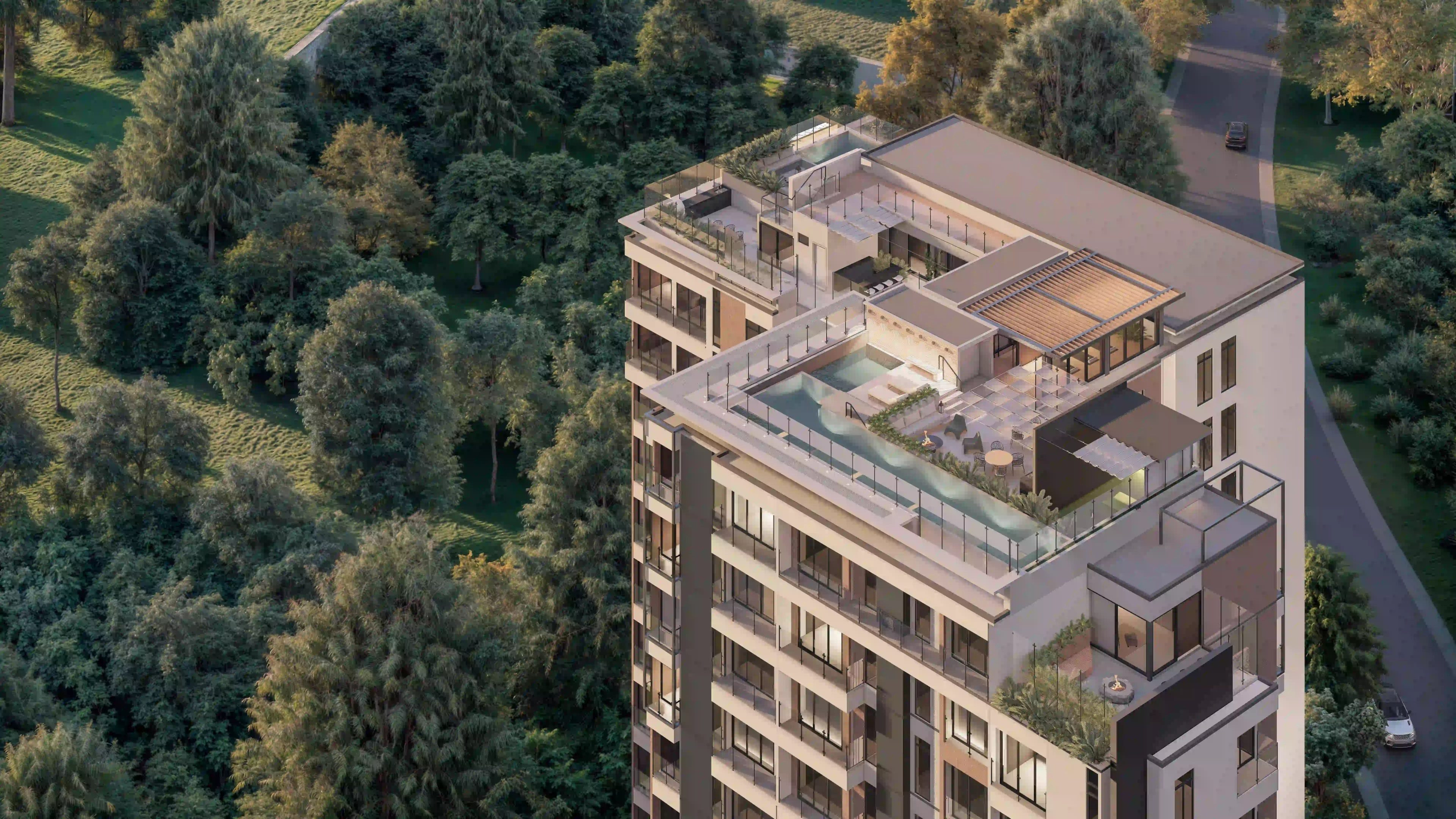 Render aéreo de Acres: terraza del último nivel rodeada de bosque
