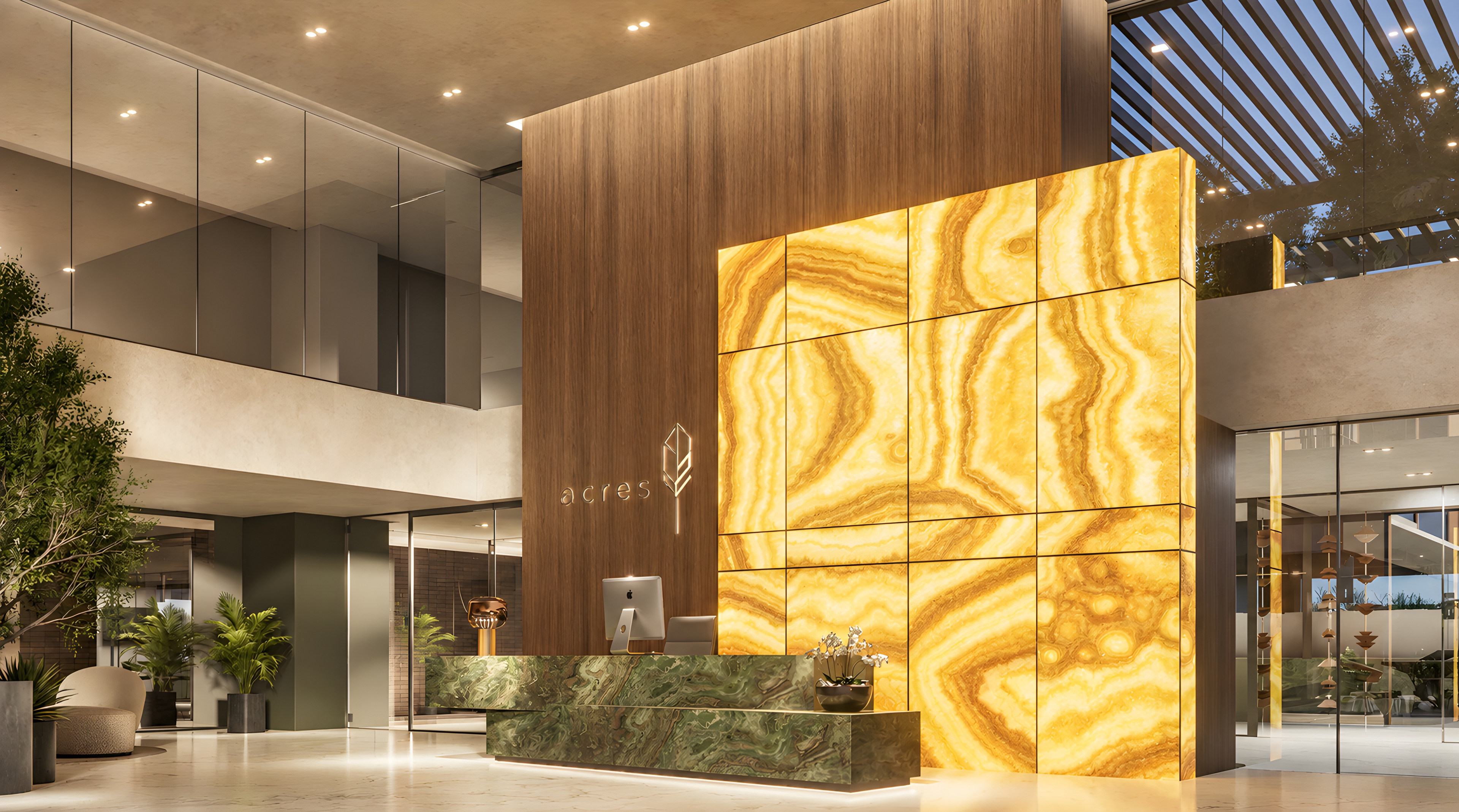 Render of the Acres 2 lobby with a backlit onyx wall