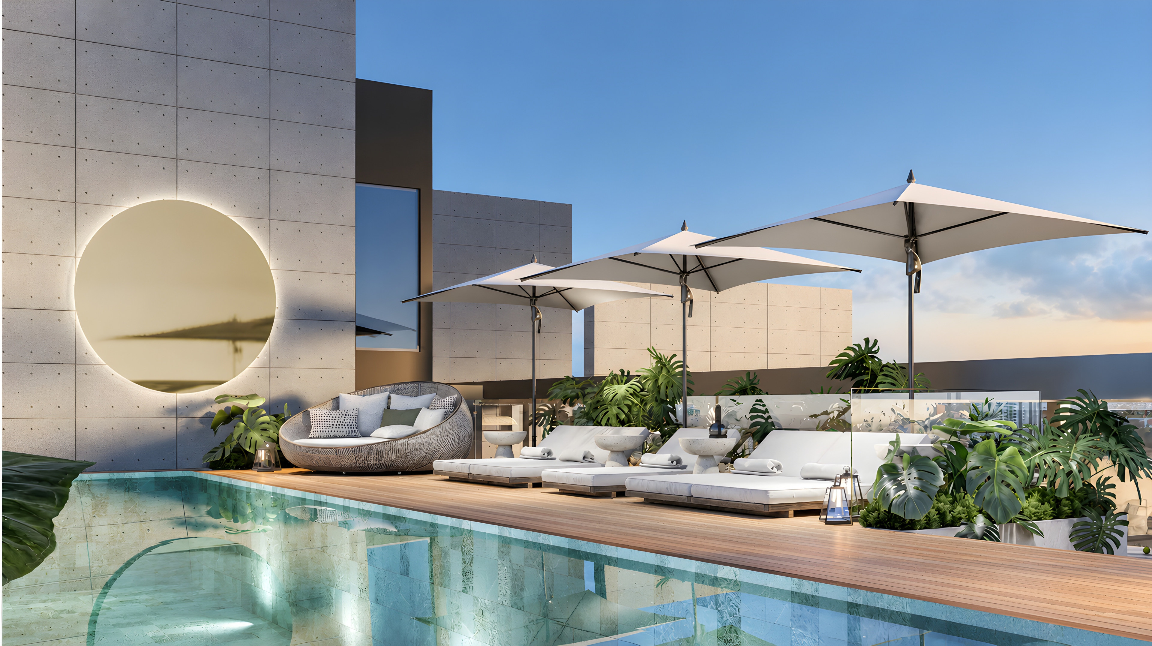 Render of the Acres 2 rooftop pool with wooden deck and loungers