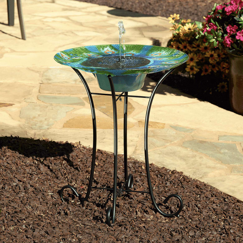 Argus Peacock Glass Solar Birdbath