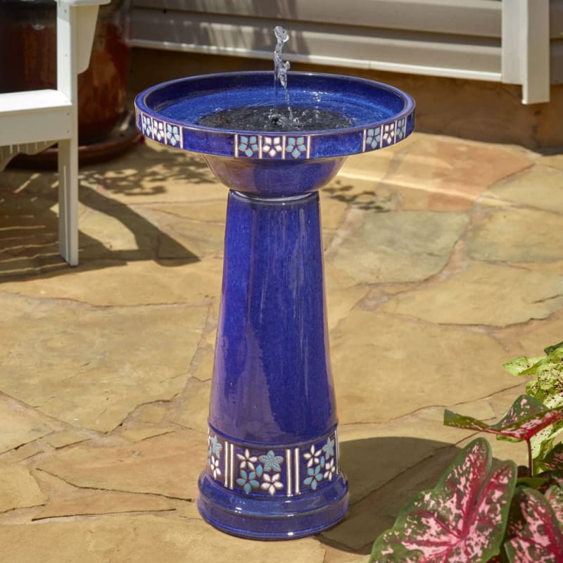 Louisa Ceramic Solar Birdbath - Flowers/Cobalt Blue