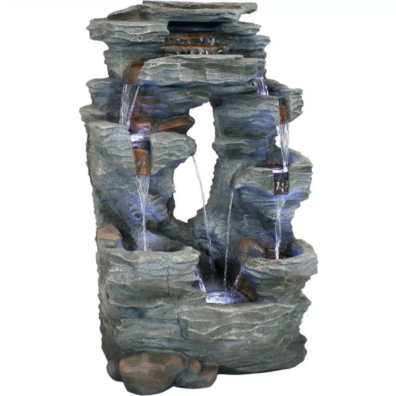 Dual Cascading Rock Falls Water Fountain with LED Lights