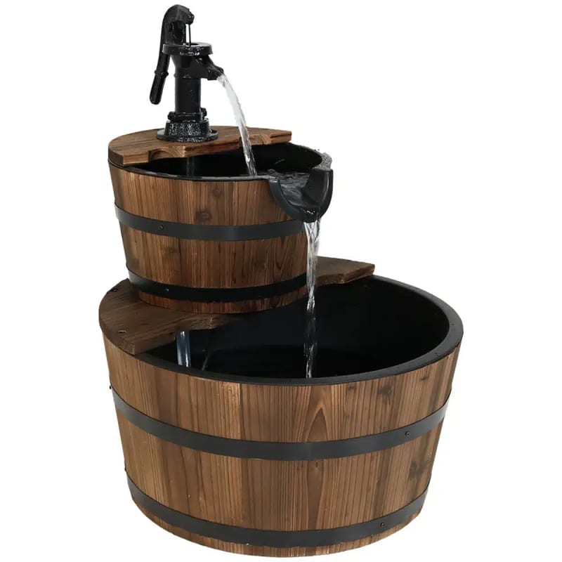Country 2-Tier Wood Barrel Water Fountain with Hand Pump