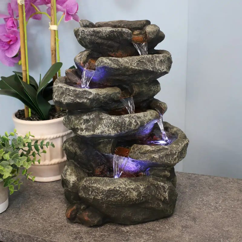 6-Tier Stone Falls Indoor Tabletop Fountain with LED Light