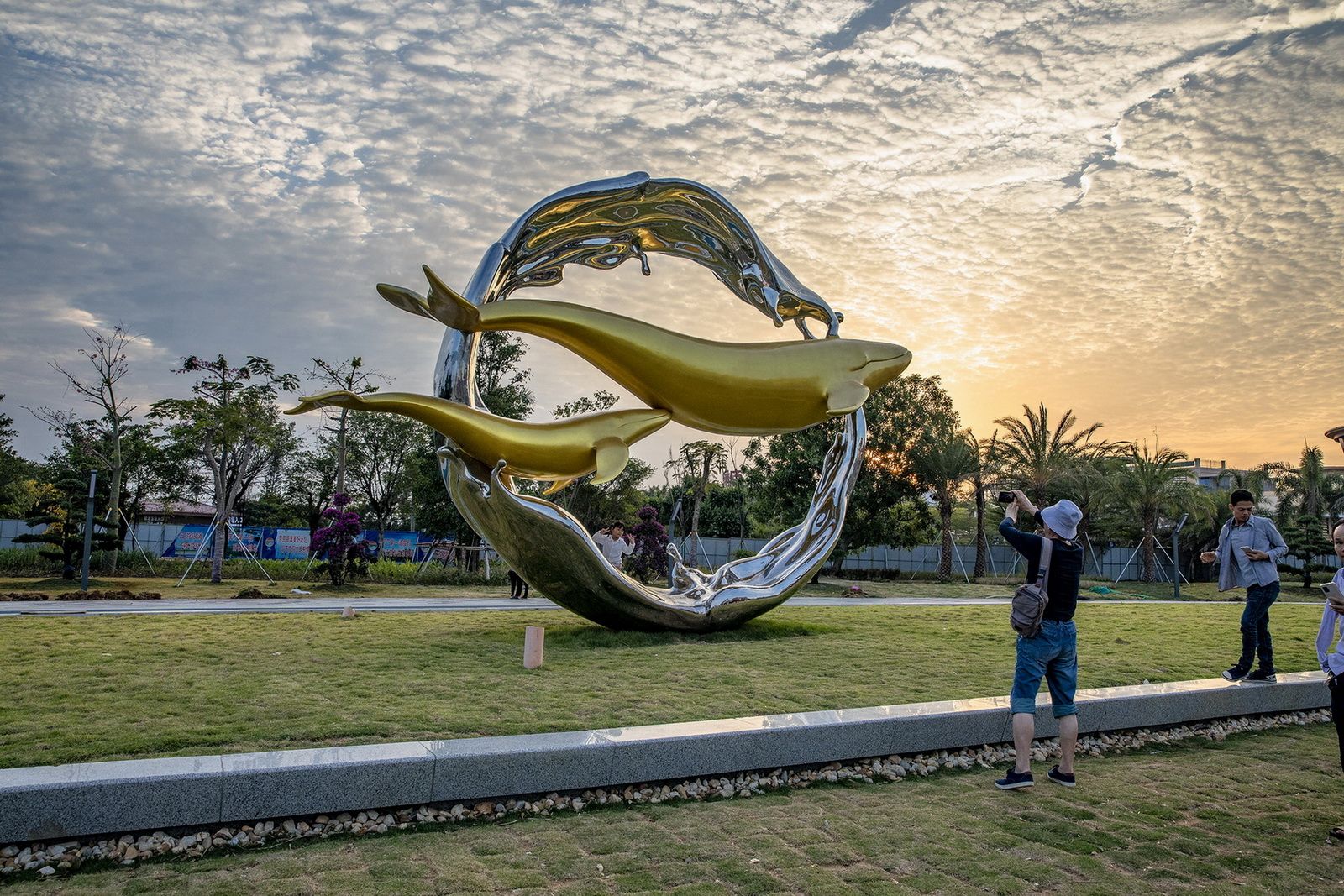 Stainless Steel Waves And Fish Sculpture
