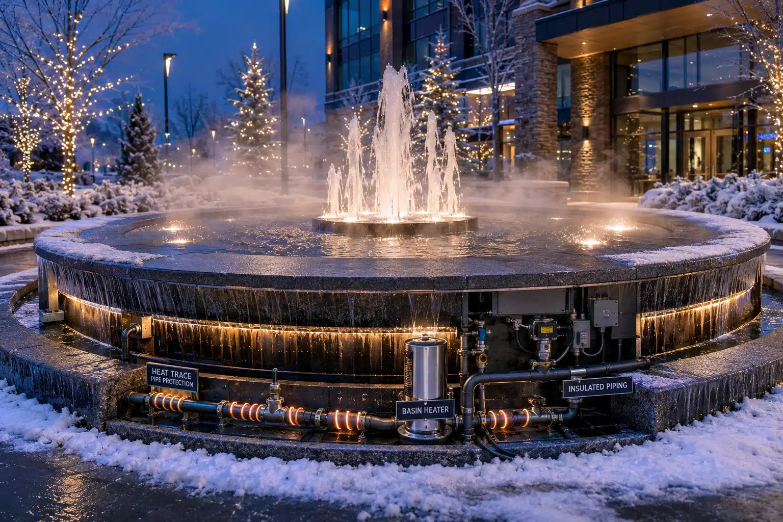 Effective freeze protection allows outdoor commercial fountains to operate reliably during cold-weather conditions.