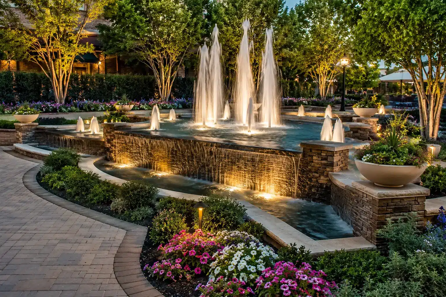 Commercial fountain closed-loop water system showing recirculation pumps, filtration equipment, water treatment components, and return piping.