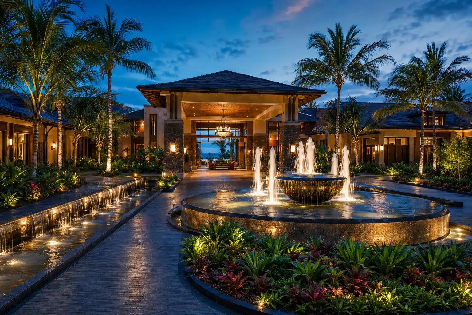 Luxury resort arrival court featuring illuminated fountain, reflecting pool, tropical landscaping, and grand hospitality architecture.