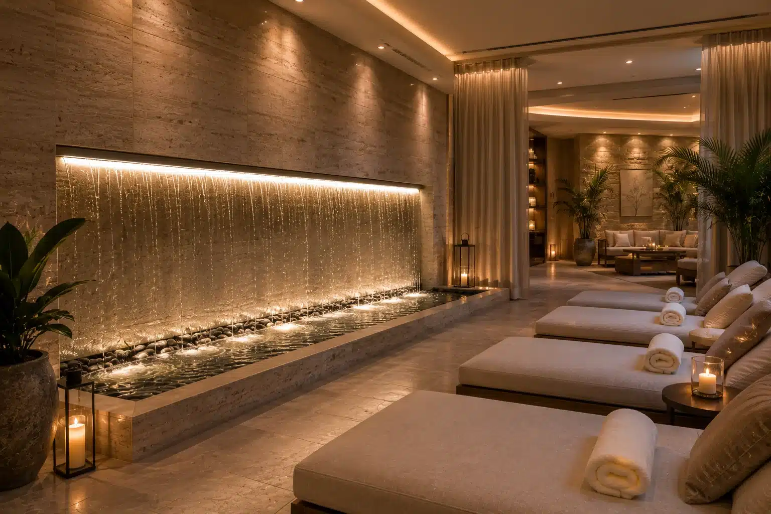 Luxury spa relaxation room featuring a wall-mounted water feature, natural stone finishes, soft lighting, and a tranquil wellness atmosphere.