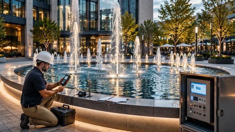 An engineer is commissioning a newly installed commercial fountain by testing hydraulic performance and water systems during startup.